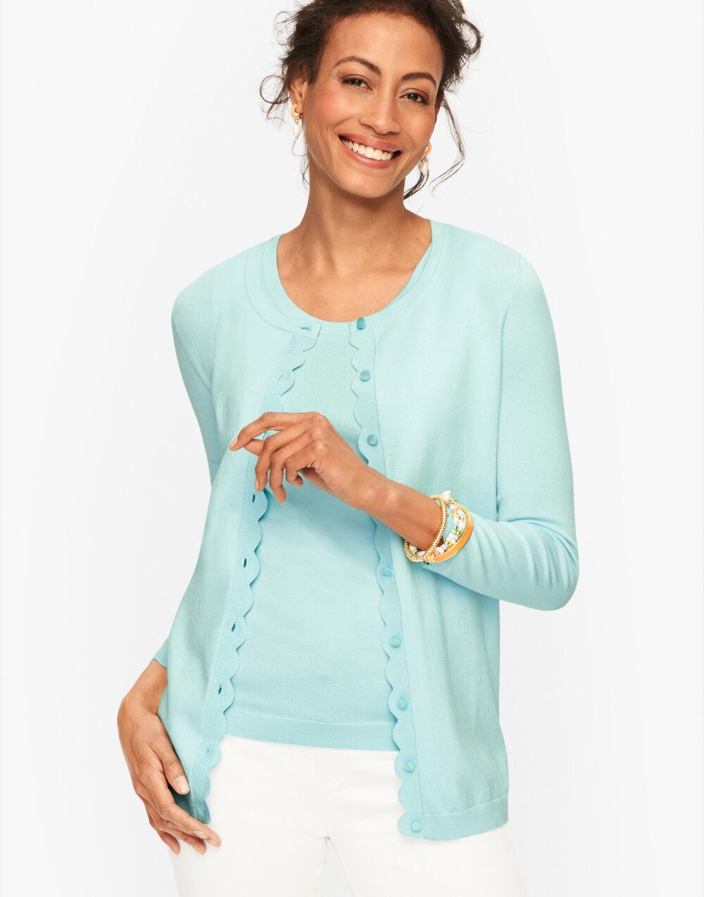Talbots Charming Cardigan Light Aqua Blue Scallop Trim Long Sleeve